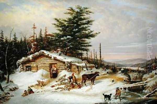 Settlers Log House Oil Painting by Cornelius Krieghoff