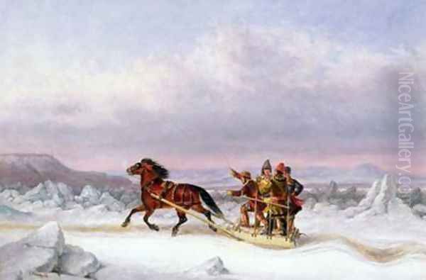 Crossing the St Lawrence from Levis to Quebec on a Sleigh Oil Painting by Cornelius Krieghoff