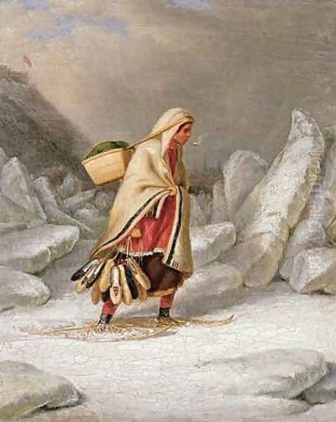 An Indian Woman Wearing Snowshoes Oil Painting by Cornelius Krieghoff