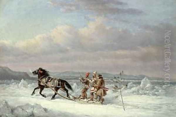 Huntsmen in Horsedrawn Sleigh Oil Painting by Cornelius Krieghoff