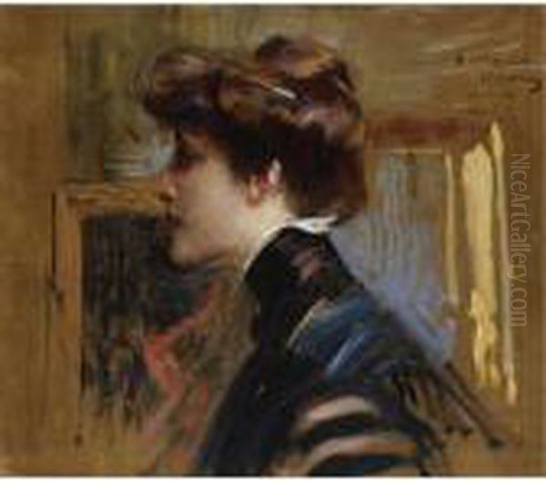 Portrait Of Madame Capiello (interior Sketch Verso) Oil Painting by Vittorio Matteo Corcos