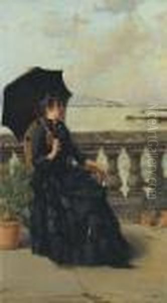 Livorno, Signora Sulla Terrazza A Mare Oil Painting by Vittorio Matteo Corcos