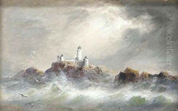 A Channel Island lighthouse, possibly La Corbiere Oil Painting by S.L. Kilpack