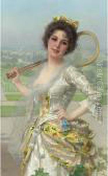 An Elegant Player Oil Painting by Vittorio Matteo Corcos