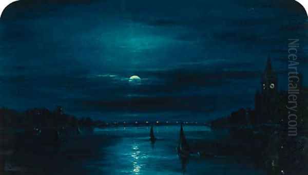 Moonlight over the Thames at Westminster Oil Painting by S.L. Kilpack