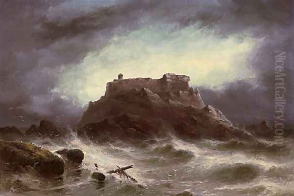 Rough weather. The Grande Rocque, Cobo Bay, Guernsey Oil Painting by S.L. Kilpack