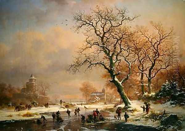 Frozen winter landscape with skaters Oil Painting by Frederick Marianus Kruseman