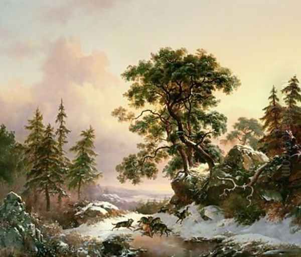 Wolves in a Winter Landscape Oil Painting by Frederick Marianus Kruseman