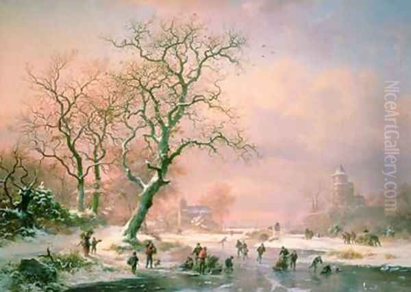 Skaters on a Frozen River Oil Painting by Frederick Marianus Kruseman