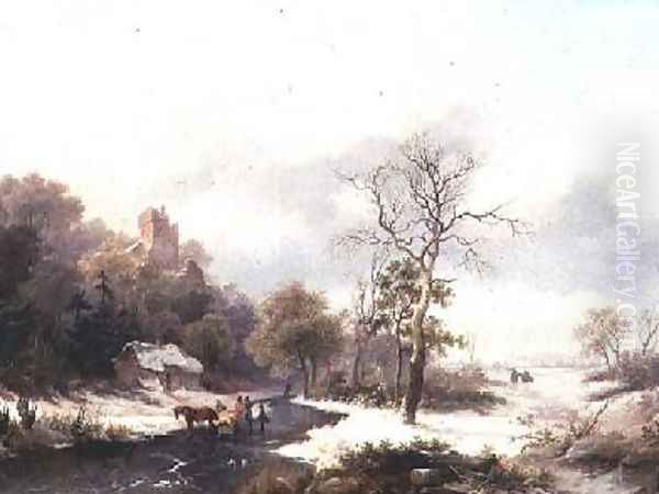 Travellers in a Winter Landscape Oil Painting by Frederick Marianus Kruseman