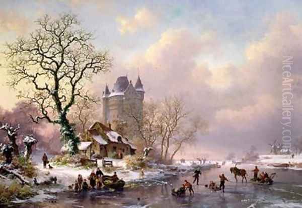 Winter Landscape with a Castle Oil Painting by Frederick Marianus Kruseman