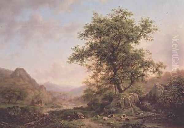 Wooded landscape with peasants and animals on path Oil Painting by Frederick Marianus Kruseman