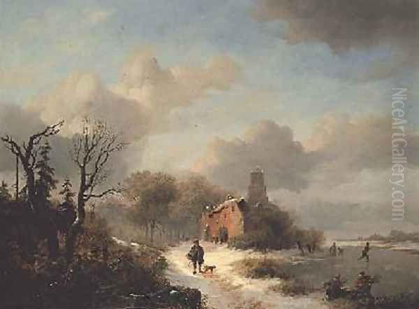 Winter landscape with peasant and figures on ice Oil Painting by Frederick Marianus Kruseman