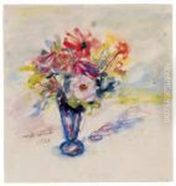 Blaue Vase Mit Anemonen, 
Signiert, Datiert Lovis Corinth 1920, Aquarell Auf Papier, 31 X 29,5 Cm,
 Passep., Gerahmt Oil Painting by Lovis (Franz Heinrich Louis) Corinth