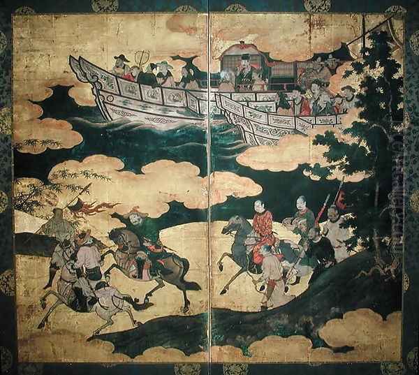 Tartar Envoys Arriving in Ships Their Advance Party Ashore Momoyama Period Oil Painting by Eitoku Kano