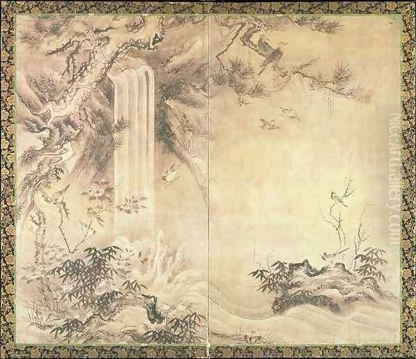 Two Fold Screen depicting Birds and Waterfall Oil Painting by Eitoku Kano