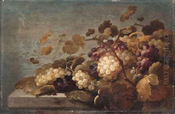 Grapes on a stone ledge Oil Painting by Roloef Koets