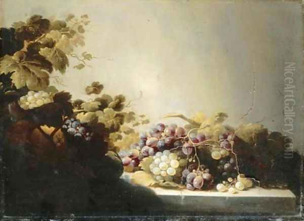 Grapes on a stone ledge with citrus fruits in a basket Oil Painting by Roloef Koets