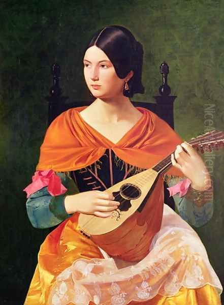 Young Woman with a Mandolin Oil Painting by Vekoslav Karas