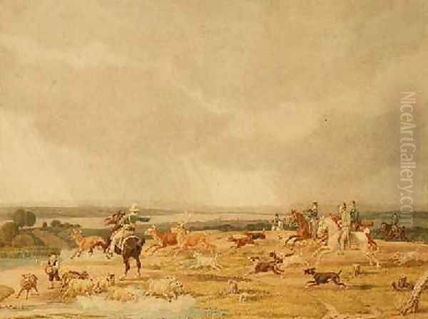 A Stag Hunt Oil Painting by Wilhelm Alexander Kobell