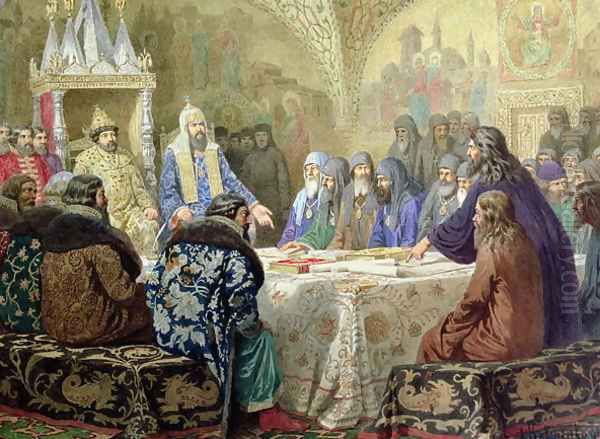 Council in 1634 The Beginning of Church Dissidence in Russia Oil Painting by Aleksei Danilovich Kivshenko