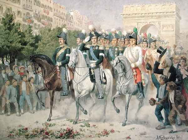 Russian and Allied forces Marching into Paris Oil Painting by Aleksei Danilovich Kivshenko