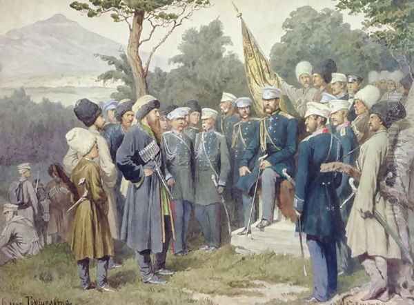 Caucasian Leader Shamil surrendering to Count Baryatinsky in 1859 Oil Painting by Aleksei Danilovich Kivshenko