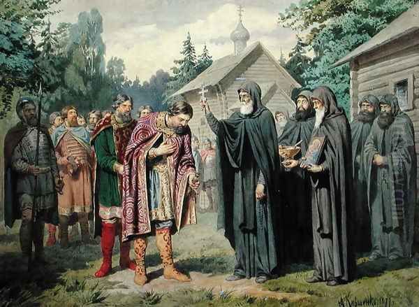 Duke Dimitry and St Sergy at Redonezh before Battle with Tartars Oil Painting by Aleksei Danilovich Kivshenko