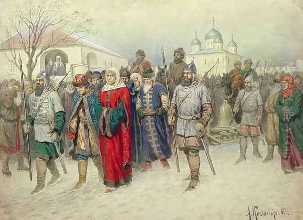 Joining of Great Novgorod Novgorodians Departing to Moscow Oil Painting by Aleksei Danilovich Kivshenko