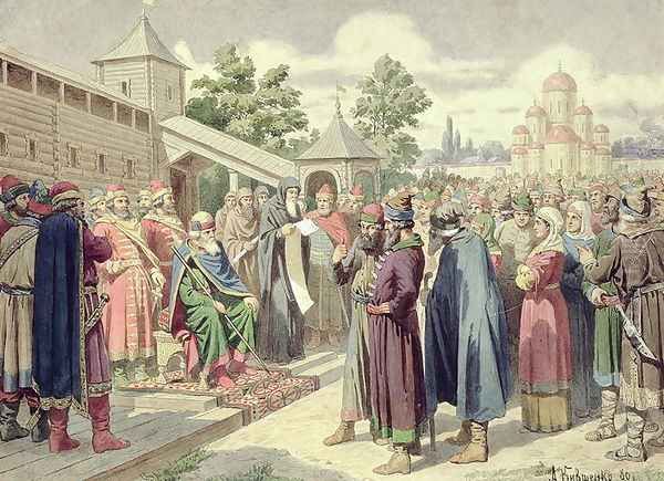 Reading of the Code in the Presence of Grand Duke Jaroslav of Novgorod Oil Painting by Aleksei Danilovich Kivshenko