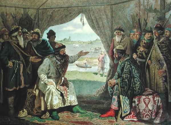 The Convention of Princes with Grand Duke Vladimir Monomakh II 1053-1125 at Dolob in 1103 Oil Painting by Aleksei Danilovich Kivshenko