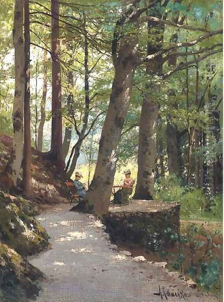 Two ladies at rest in a wooded landscape Oil Painting by Aleksei Danilovich Kivshenko