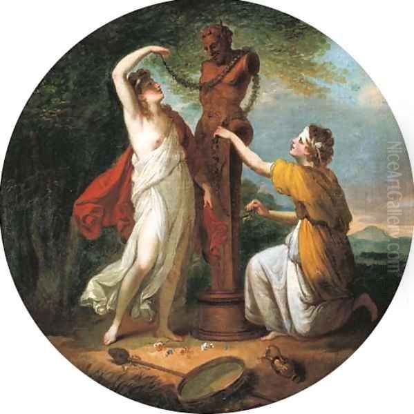 Nymphs adoring a herm of Priapus Oil Painting by Angelica Kauffmann