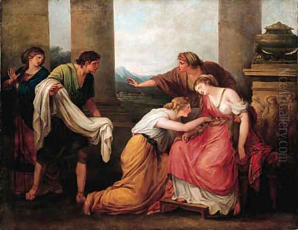 Julia, wife of Pompey, faints at the sight of his bloodstained garment Oil Painting by Angelica Kauffmann