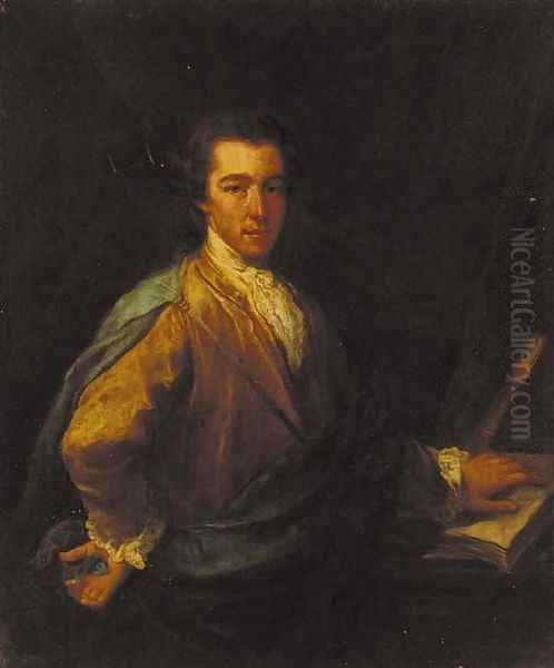 Portrait of a gentleman, three-quarter-length, in a brown coat and blue mantle, his left hand resting on a book Oil Painting by Angelica Kauffmann