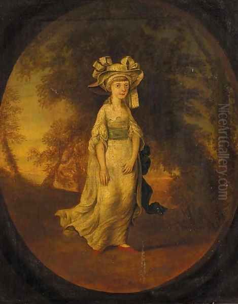 Portrait of a girl, small full-length, in a white dress with blue sash, in a landscape, feigned oval Oil Painting by Angelica Kauffmann