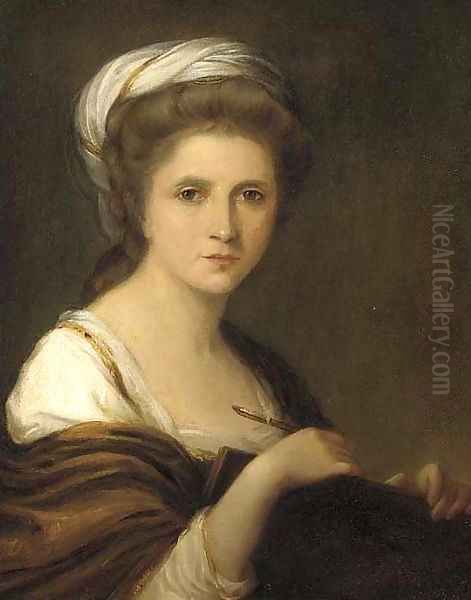 Portrait of the artist, bust-length, a pen and folio under her arm Oil Painting by Angelica Kauffmann