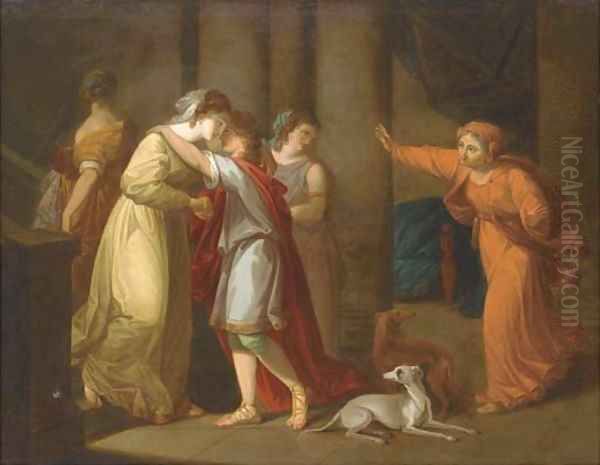 Classical figures in a bed chamber Oil Painting by Angelica Kauffmann