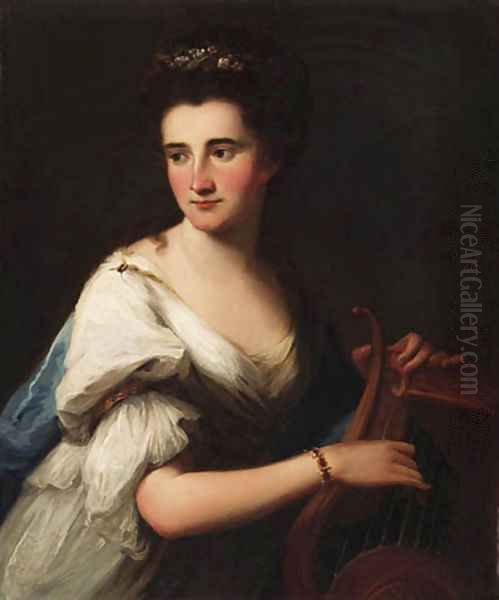 Portrait of Mrs. Cubley as Terpsichore, half-length, in a white dress and a blue wrap, playing a lyre Oil Painting by Angelica Kauffmann