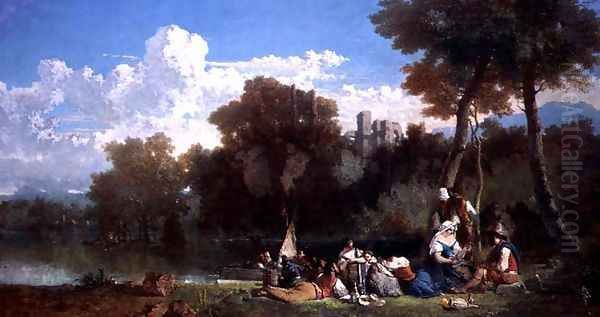 Figures Picnicing by a River Oil Painting by John Kennedy