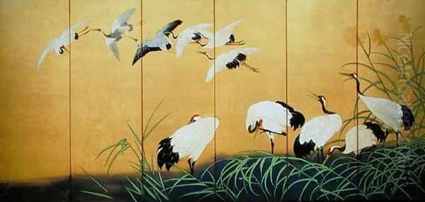 Six Fold Screen Depicting Reeds and Cranes Edo period Japanese Oil Painting by Suzuki Kiitsu