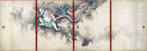 Sliding doors depicting a thunder god Late Edo Perio Oil Painting by Suzuki Kiitsu