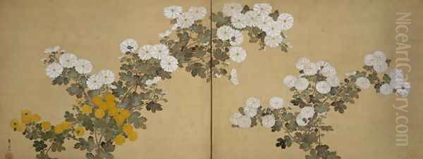 Chrysanthemums Edo period Oil Painting by Suzuki Kiitsu