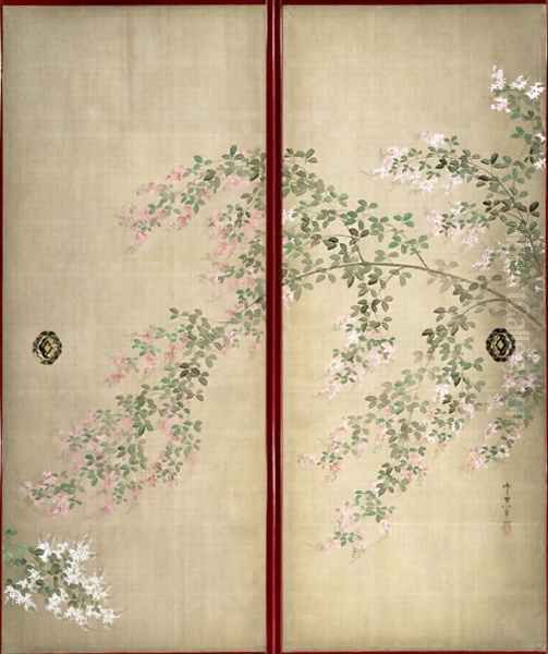 Moon with Hagi one of a pair of sliding doors 2 Oil Painting by Suzuki Kiitsu