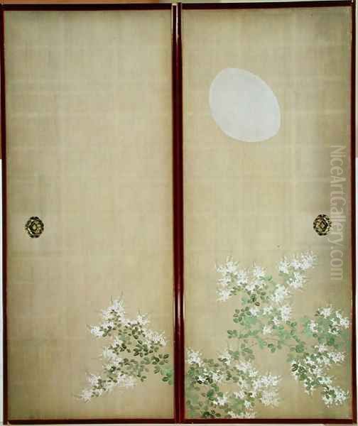 Moon with Hagi one of a pair of sliding doors Oil Painting by Suzuki Kiitsu