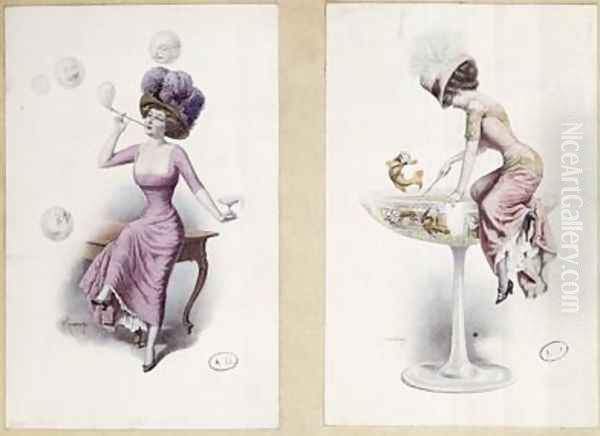 Postcards depicting a woman blowing bubbles and fishing in a Champagne Glass Oil Painting by F. Kuderna