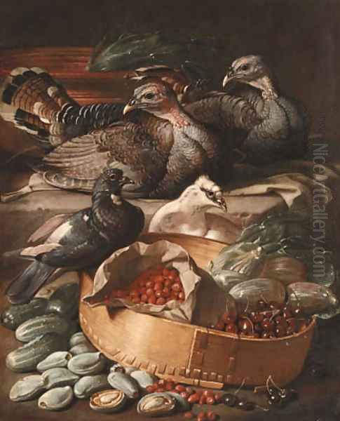 Turkeys and pigeons with cherries Oil Painting by Jacob van der (Giacomo da Castello) Kerckhoven