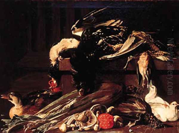 A dead cockerel and snipe and other birds on a ledge with doves Oil Painting by Jacob van der (Giacomo da Castello) Kerckhoven