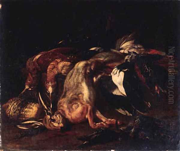 A dead hare and dead snipe Oil Painting by Jacob van der (Giacomo da Castello) Kerckhoven