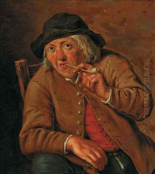 A peasant smoking in an interior Oil Painting by Johann-Heinrich Keller